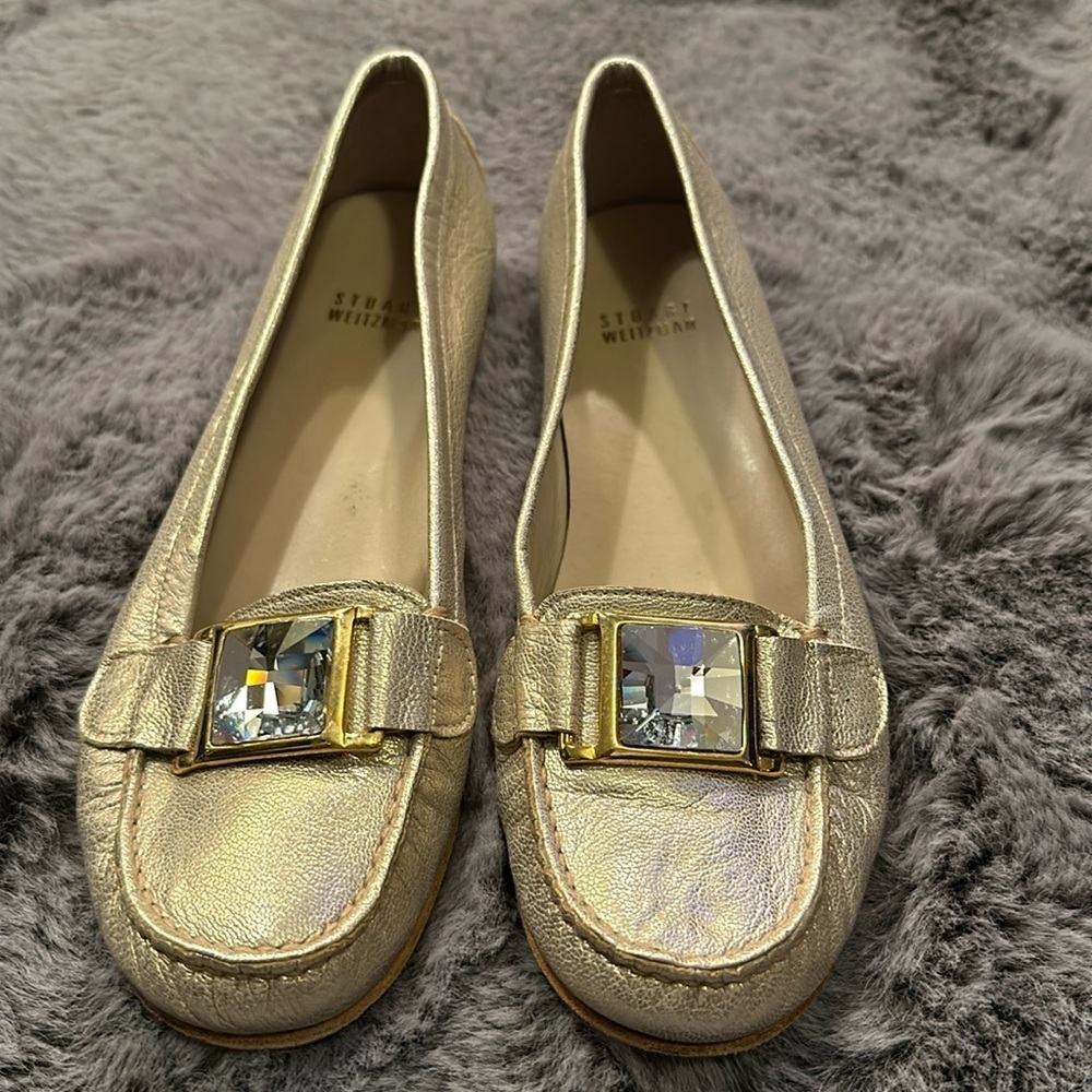 Stuart Weitzman Metallic Gold Driving Loafers, Large Rhinestone, Size 8 M